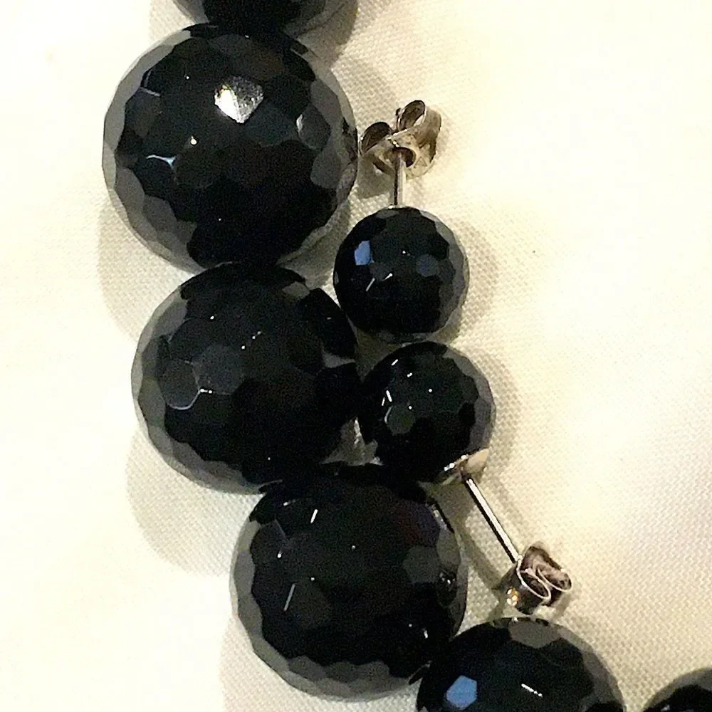 Vintage Black Onyx Faceted Necklace & Faceted Onyx Sterling Silver Earrings Set